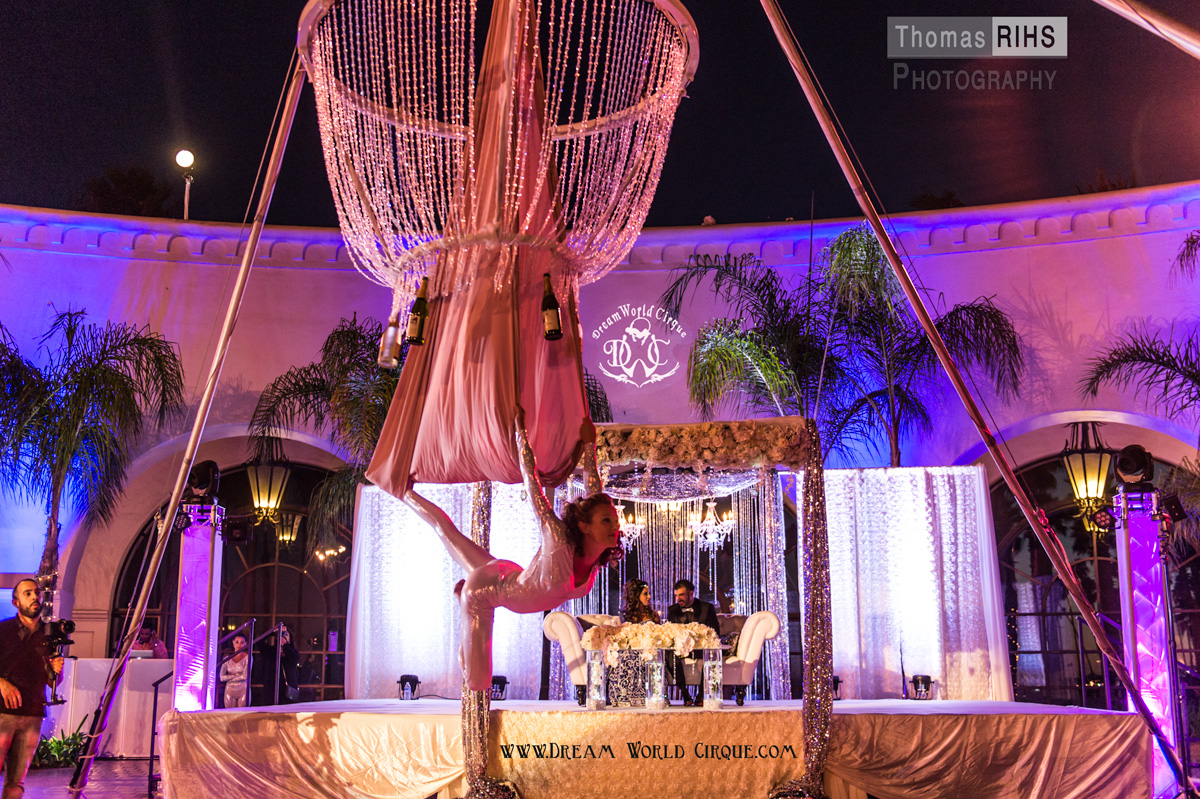 An Aerialist Hangs from a stunning crystal chandelier as she pours champagne for guests at a wedding
