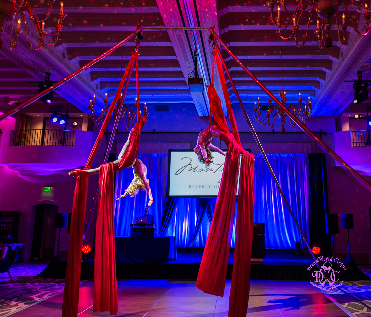 Duo aerial silks performance in a ballroom